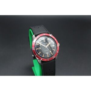 Vintage Neptune Skin Diver AS 1802 Swiss 17 Jewel Red Bezel Tropic Strap 1960s